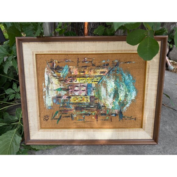 Framed Abstract Expressionist Original Oil on Sack Cloth - Signed by Artist - Picture 1 of 2